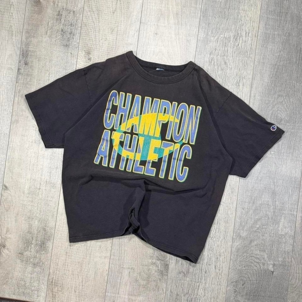 90s single stitch, champion athletic super faded, black and blue sportswear tee - Picture 1 of 7